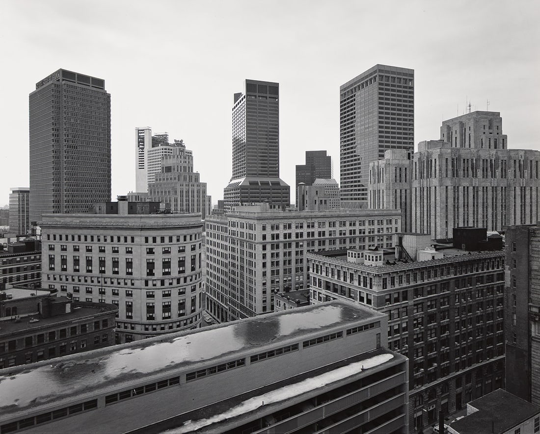 NICHOLAS NIXON (1947- ) View of Southeast Banking District, Boston. 1976.: NICHOLAS NIXON (1947- ) View of Southeast Banking District, Boston. 1976. Silver contact print, the image measuring 8x10 inches (20.3x25.4 cm.), with Nixon's signature, title, and date in pencil on ve