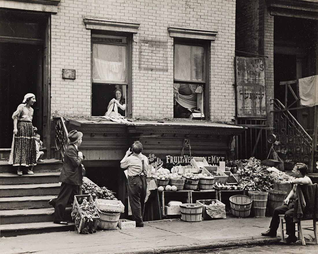 WALTER ROSENBLUM (1919-2006) Gypsies and Vegetable Dealer, Pitt St., New York. 1938; printed 1950s.: WALTER ROSENBLUM (1919-2006) Gypsies and Vegetable Dealer, Pitt St., New York. 1938; printed 1950s. Silver print, the image measuring 7½x9½ inches (19.1x24.1 cm.), the sheet slightly larger,