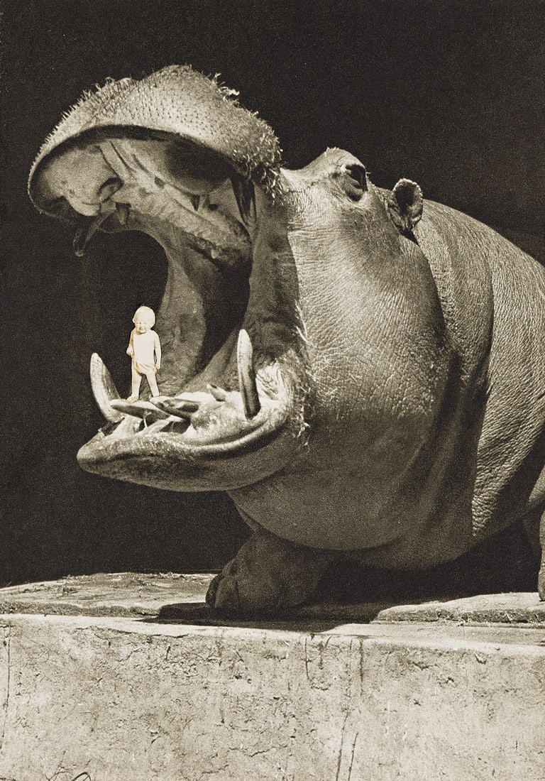JOHN O'REILLY (1930- ) Self-Portrait with Hippo. A unique photomontage. July 1931 and May 12, 1977.: JOHN O'REILLY (1930- ) Self-Portrait with Hippo. A unique photomontage. July 1931 and May 12, 1977. Silver print on a photogravure, the image measuring 11⅛x7¾ inches (28.3x19.7 cm.), the mo