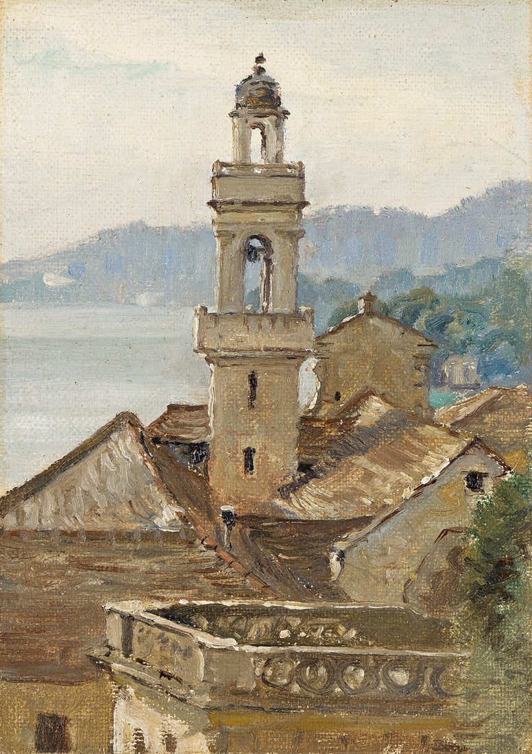 Brewster, Anna Mary Richards (1870-1952) A Church at Rapallo, Italy.: Brewster, Anna Mary Richards (1870-1952) A Church at Rapallo, Italy. 1933. Oil on canvas; 210 x 145 mm; 8¼ x 5¾ in. "Brewster's paintings give ample evidence of her solid training, her profe