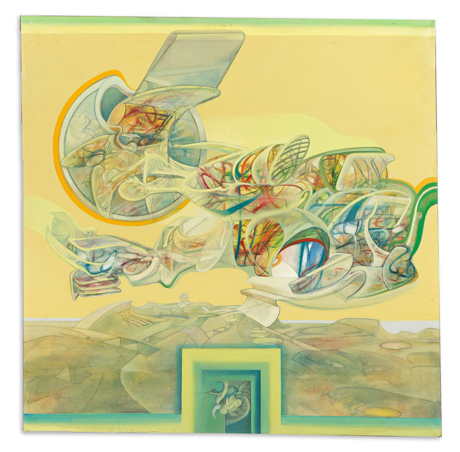 Fox, Lorraine (1922-1976) Untitled.: Fox, Lorraine (1922-1976) Untitled. 1970s. Large abstract acrylic on canvas depicting a surreal series of translucent structures hovering over a fantasy landscape; with artist's label affixed to the s