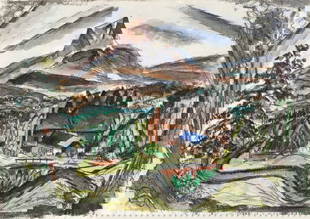 JOSEPH MEIERHANS (1890 - 1980, SWISS/AMERICAN) Untitled (Landscape with Farm).: JOSEPH MEIERHANS (1890 - 1980, SWISS/AMERICAN) Untitled (Landscape with Farm). Charcoal and watercolor on paper, circa 1930. 355x508 mm; 14x20 inches. Provenance Estate of the artist. Private
