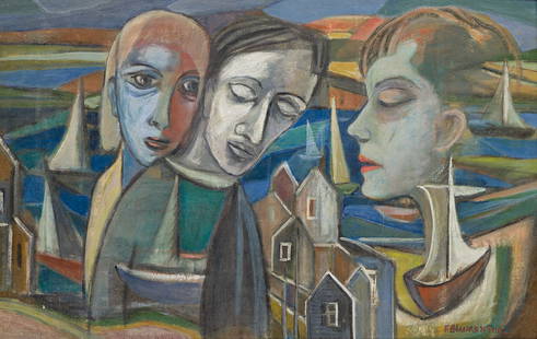 FRITZ BLUMENTHAL (1913 - 2002, GERMAN/AMERICAN) Untitled (Three Figures with a Landscape).: FRITZ BLUMENTHAL (1913 - 2002, GERMAN/AMERICAN) Untitled (Three Figures with a Landscape). Oil on composite board. 660x1010 mm; 26x39¾ inches. Signed, lower right. Provenance Estate of the