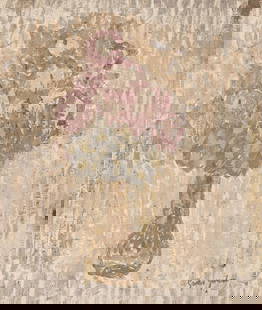 GWEN JOHN (1876 - 1939, BRITISH) A Vase of Mauve Colored Flowers.: GWEN JOHN (1876 - 1939, BRITISH) A Vase of Mauve Colored Flowers. Gouache on brown paper. 146x120 mm; 5¾x4¾ inches. Signed, lower right. Inscribed with the estate number "E.J. 119,"