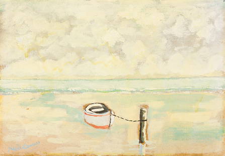 SIR NOEL COWARD (1899 - 1973, BRITISH) Untitled (Moored Vessel).: SIR NOEL COWARD (1899 - 1973, BRITISH) Untitled (Moored Vessel). Oil on paper board. 115x203 mm; 4½x8 inches. Signed, lower left. Provenance Estate of the artist Private collection, New York