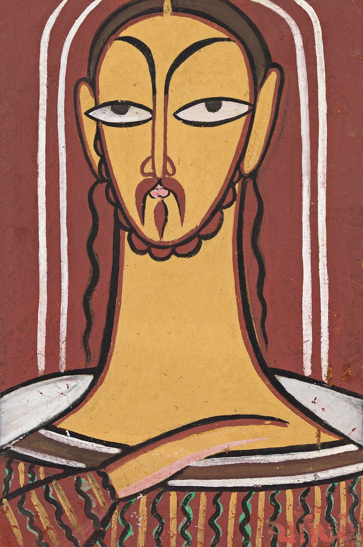 JAMINI ROY (1887 - 1972, INDIAN) Untitled (Christ).: JAMINI ROY (1887 - 1972, INDIAN) Untitled (Christ). Tempera on card, circa 1944. 406x273 mm; 16x10¾ inches. Signed in Bengali, lower right. Provenance Acquired directly from the artist by Warren