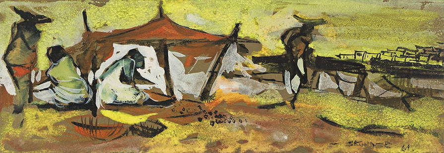 SKUNDER BOGHOSSIAN (1937 - 2003, ETHIOPIAN) Outside Harar No. 2.: SKUNDER BOGHOSSIAN (1937 - 2003, ETHIOPIAN) Outside Harar No. 2. Gouache on metallic mat board, 1964. 140x387 mm; 5½ x15¼ inches. Signed and dated, lower right. Signed and titled, verso. Pro
