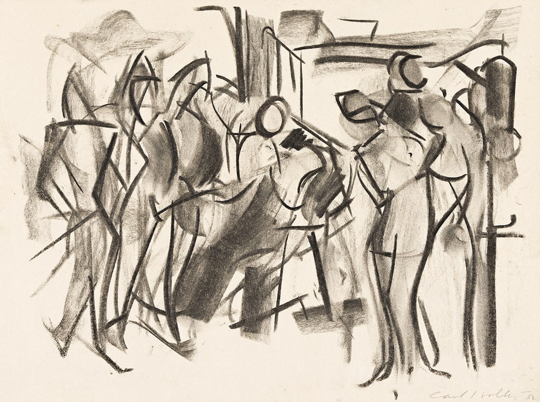 CARL ROBERT HOLTY (1900 - 1973, AMERICAN) Untitled.: CARL ROBERT HOLTY (1900 - 1973, AMERICAN) Untitled. Charcoal on paper laid to card, 1952. 229x292 mm; 9x11½ inches. Signed and dated in pencil, lower right. Provenance Private collection
