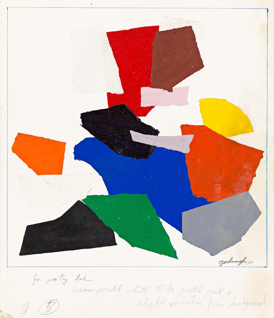ROBERT GOODNOUGH (1917 - 2010, AMERICAN) Untitled (for Poetry Book).: ROBERT GOODNOUGH (1917 - 2010, AMERICAN) Untitled (for Poetry Book). Acrylic on paper, 1967. 260x228 mm; 10¼x9 inches. Signed and dated in pencil, lower right. With publisher's notes, lower margi
