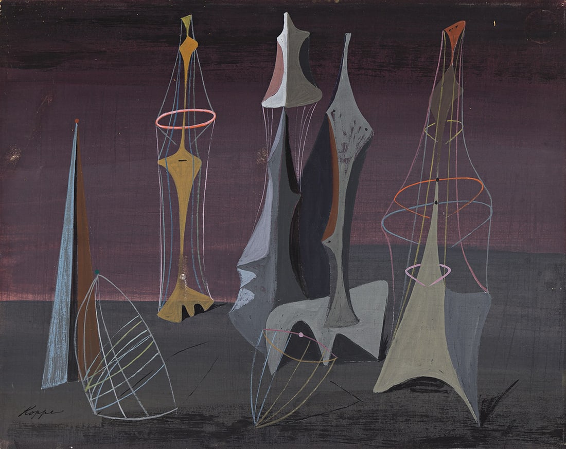 RICHARD KOPPE (1916 - 1973, AMERICAN) Surreal Instruments in Space.: RICHARD KOPPE (1916 - 1973, AMERICAN) Surreal Instruments in Space. Gouache on paper on masonite. 292x368 mm; 11½x14½ inches. Signed, lower left. Provenance The Collection of Philip J. and S