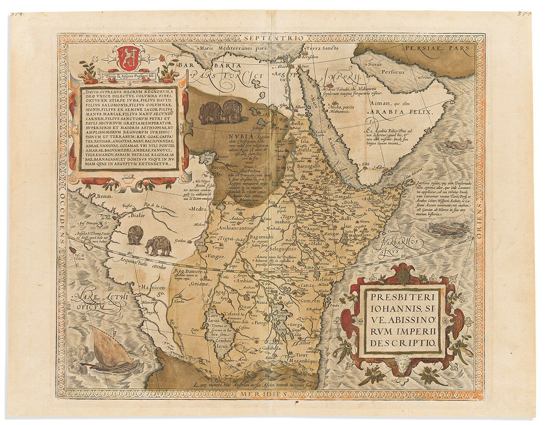 (AFRICA.) Abraham Ortelius. Presbiteri Johannis, Sive, Abissinorum Imperii Descriptio.: (AFRICA.) Abraham Ortelius. Presbiteri Johannis, Sive, Abissinorum Imperii Descriptio. Double-page engraved map of the mythical Kingdom of Prester John in central Africa with Renaissance decoration. 1