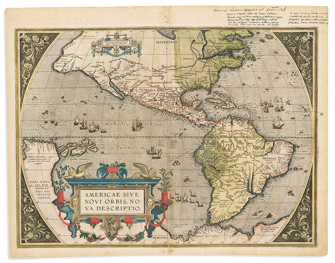(AMERICAS.) Abraham Ortelius. Americae Sive Novi Orbis, Nova Descriptio.: (AMERICAS.) Abraham Ortelius. Americae Sive Novi Orbis, Nova Descriptio. Double-page engraved map of the Western Hemisphere attractively ornamented with Renaissance design motifs. 15¾x20 inches s