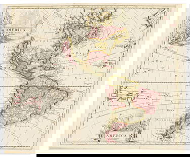 (AMERICAS.) Pieter Schenk. America Septentrionalis Novissima / America Meridionalis Accuratissima.: (AMERICAS.) Pieter Schenk. America Septentrionalis Novissima / America Meridionalis Accuratissima. Double-page engraved map of the western hemisphere with two large decorative title cartouche designs