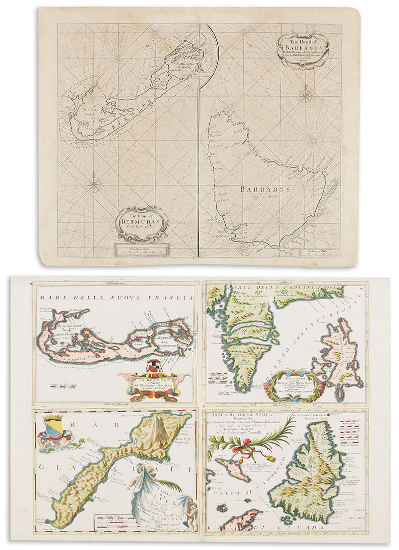 (BERMUDA -- CARIBBEAN ISLANDS.) Group of 7 seventeenth-to-nineteenth-century engraved maps.: (BERMUDA -- CARIBBEAN ISLANDS.) Group of 7 seventeenth-to-nineteenth-century engraved maps. Vp, vd - John Thornton and William Fisher. The Iland of Bermudas / The Iland of Barbados. Double-page engrav