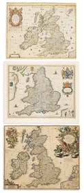 (BRITISH ISLES.) Group of 3 decoratively ornamented seventeenth-century engraved maps.