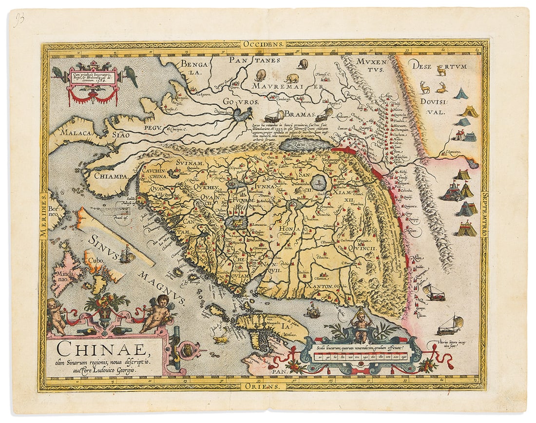 (CHINA.) Abraham Ortelius. Chinae, Olim Sinarum Regionis, Nova Descriptio.: (CHINA.) Abraham Ortelius. Chinae, Olim Sinarum Regionis, Nova Descriptio. Hand-colored double-page engraved map of China and southeast Asia. 16½x21 inches sheet size, wide margins, Latin text on