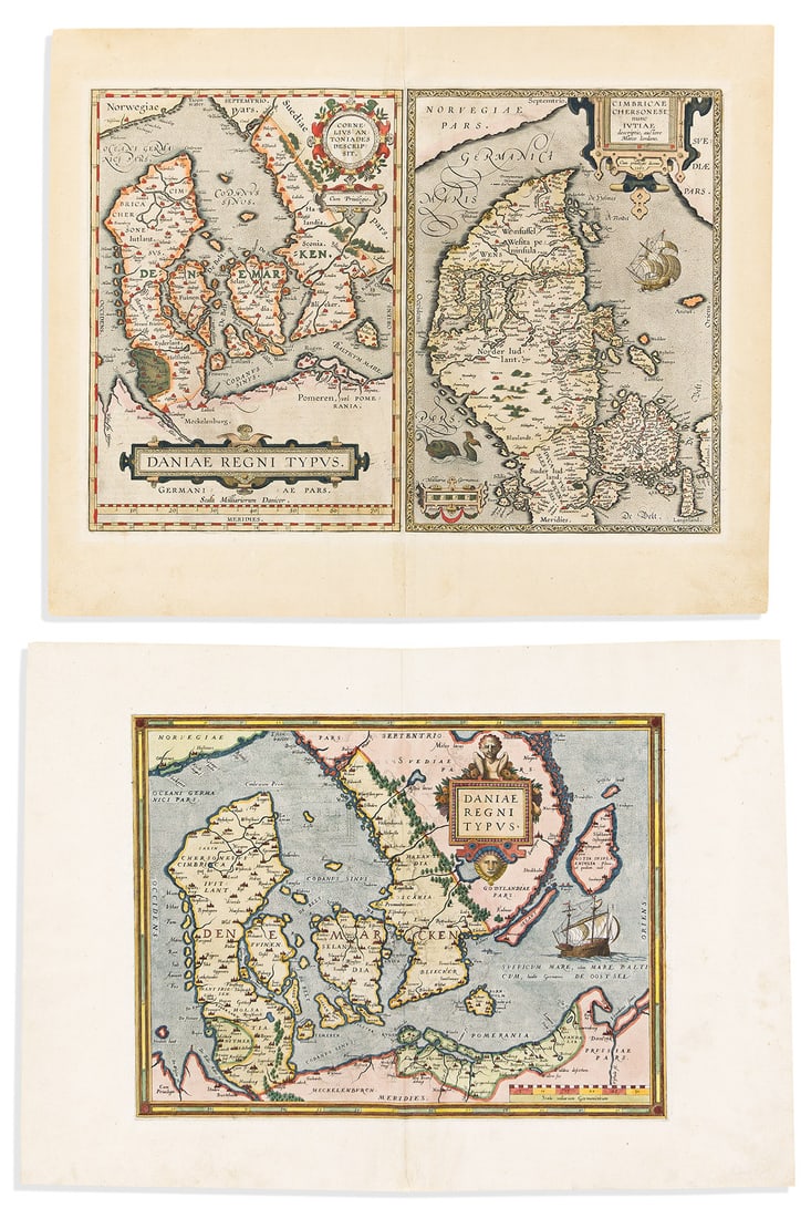 (DENMARK.) Abraham Ortelius. Two engraved Renaissance maps of the region.: (DENMARK.) Abraham Ortelius. Two engraved Renaissance maps of the region. Antwerp, vd - Daniae Regni Typus. Double-page engraved map of Denmark and southern Sweden. 16½x23 inches sheet size, wide