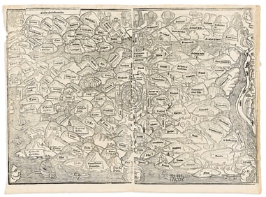 (HOLY LAND.) [Medieval woodcut map of a Jerusalem-centric Israel and Palestine.]