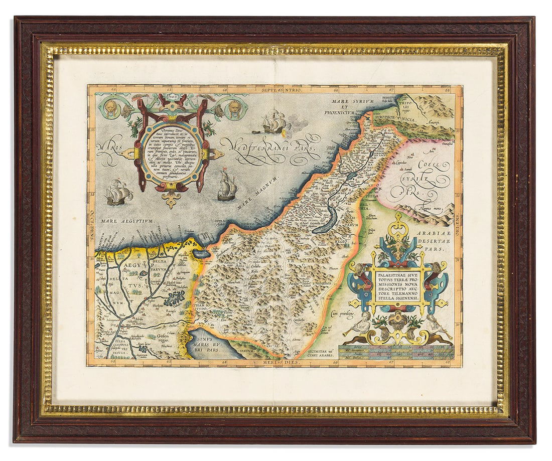 (HOLY LAND.) Abraham Ortelius. Palestinae sive Totius Terrae Promissionis Nova Descriptio.: (HOLY LAND.) Abraham Ortelius. Palestinae sive Totius Terrae Promissionis Nova Descriptio. Hand-colored double-page engraved map of the Holy Land. 17½x22 inches sheet size, wide margins, Italian