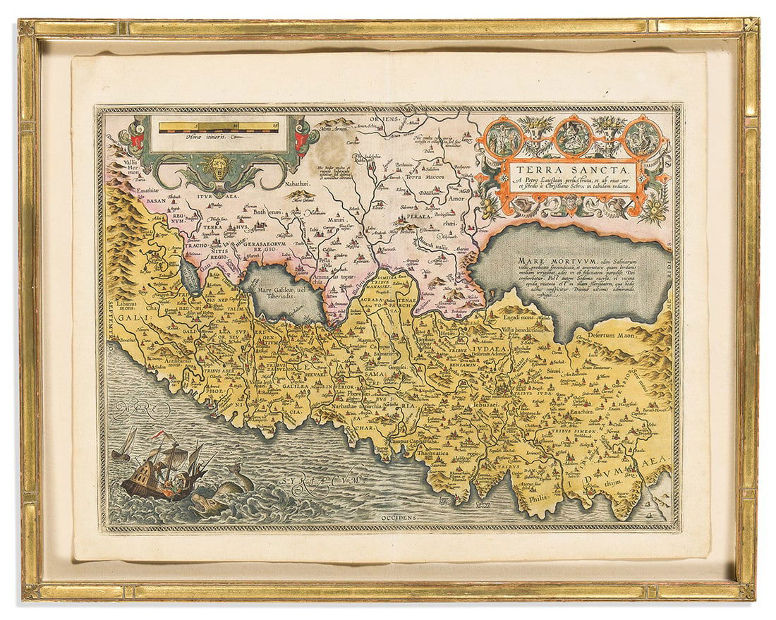 (HOLY LAND.) Abraham Ortelius. Terra Sancta.: (HOLY LAND.) Abraham Ortelius. Terra Sancta. Double-page engraved map of the Holy Land with ornamental Biblical vignettes. 17x21¼ inches sheet size, wide margins, Latin text on verso; original ha
