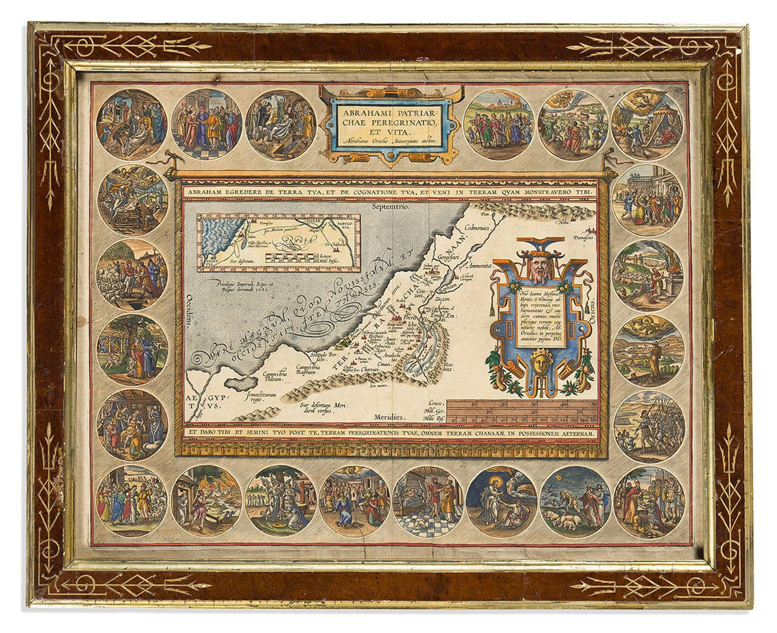 (HOLY LAND.) Abraham Ortelius. Abrahami Patriarchae Peregrinatio et Vita.: (HOLY LAND.) Abraham Ortelius. Abrahami Patriarchae Peregrinatio et Vita. Hand-colored double-page engraved map of the Holy Land surrounded by a border of medallion vignettes illustrating Biblical sce
