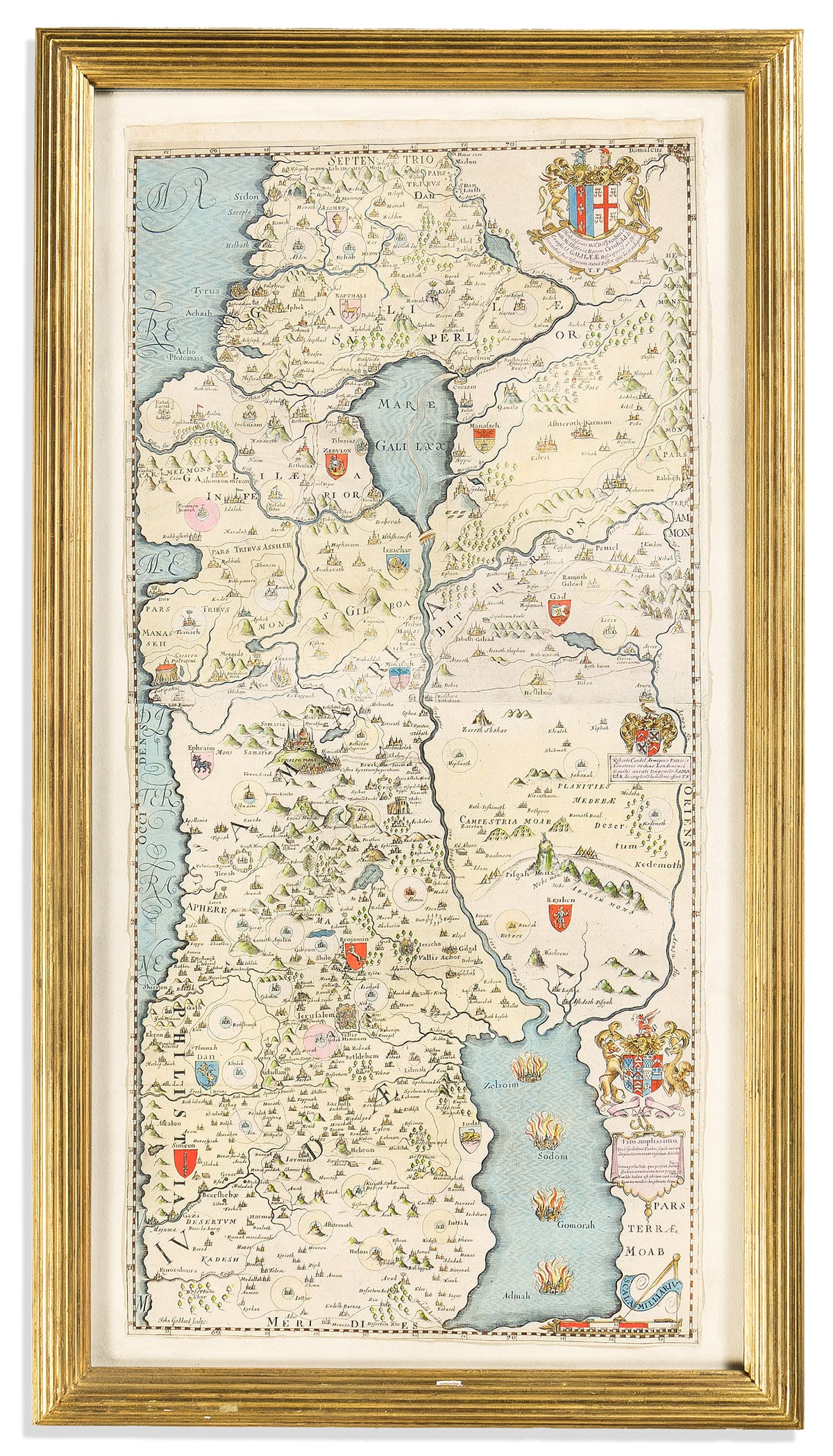 (HOLY LAND.) Thomas Fuller; and John Goddard, engraver. [Galilaeae Descriptione].: (HOLY LAND.) Thomas Fuller; and John Goddard, engraver. [Galilaeae Descriptione]. Large hand-colored engraved folding map of Biblical Palestine scattered with pictorial decoration and emblems represen