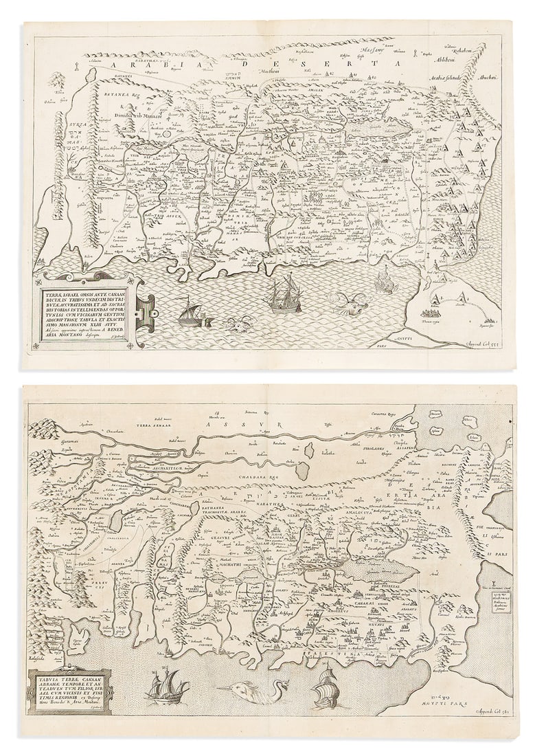 (HOLY LAND.) John Goddard, engraver; after Benedictus Arias Montanus. Tabula Terrae Canaan. [and]: (HOLY LAND.) John Goddard, engraver; after Benedictus Arias Montanus. Tabula Terrae Canaan. [and] Terrae Israel Omnis Ante Canaan. Together, two double-page maps faithfully re-engraved to copy those f