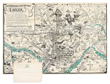 (PICTORIAL MAPS.) Byrel W. Burgess. Sgt. Papasan Lefty's Map and Cartoon of the City of Seoul, the
