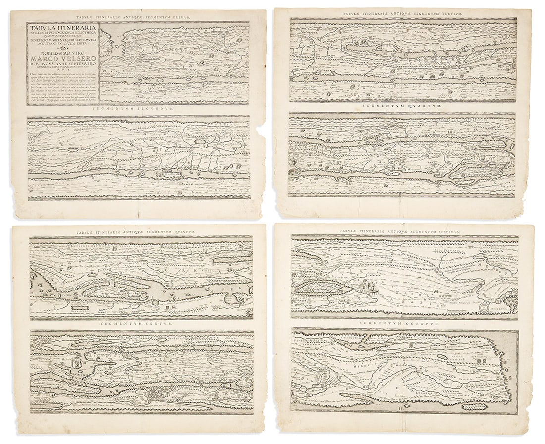 (ROMAN EMPIRE.) Abraham Ortelius; after the Peutinger Table. Tabula Itineraria Ex Illustri: (ROMAN EMPIRE.) Abraham Ortelius; after the Peutinger Table. Tabula Itineraria Ex Illustri Peutingerorum Bibliotheca... Strip map in 8 sections on 4 double-page engraved sheets describing the ancient