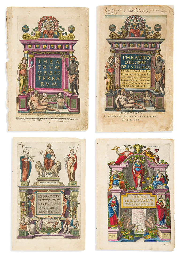 (TITLE PAGES.) Group of 8 sixteenth-century engraved allegorical atlas title pages.: (TITLE PAGES.) Group of 8 sixteenth-century engraved allegorical atlas title pages. Vp, vd - Abraham Ortelius. Theatro d'el Orbe de la Tierra. 18x11 inches; original hand-color with gold highlights; v