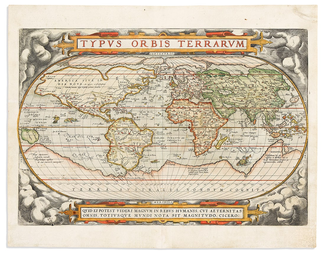 (WORLD.) Abraham Ortelius. Typus Orbis Terrarum.: (WORLD.) Abraham Ortelius. Typus Orbis Terrarum. Double-page engraved map of the world on an oval projection within a border of strapwork title banners and cloud-filled spandrels. 16¼x20¾ in