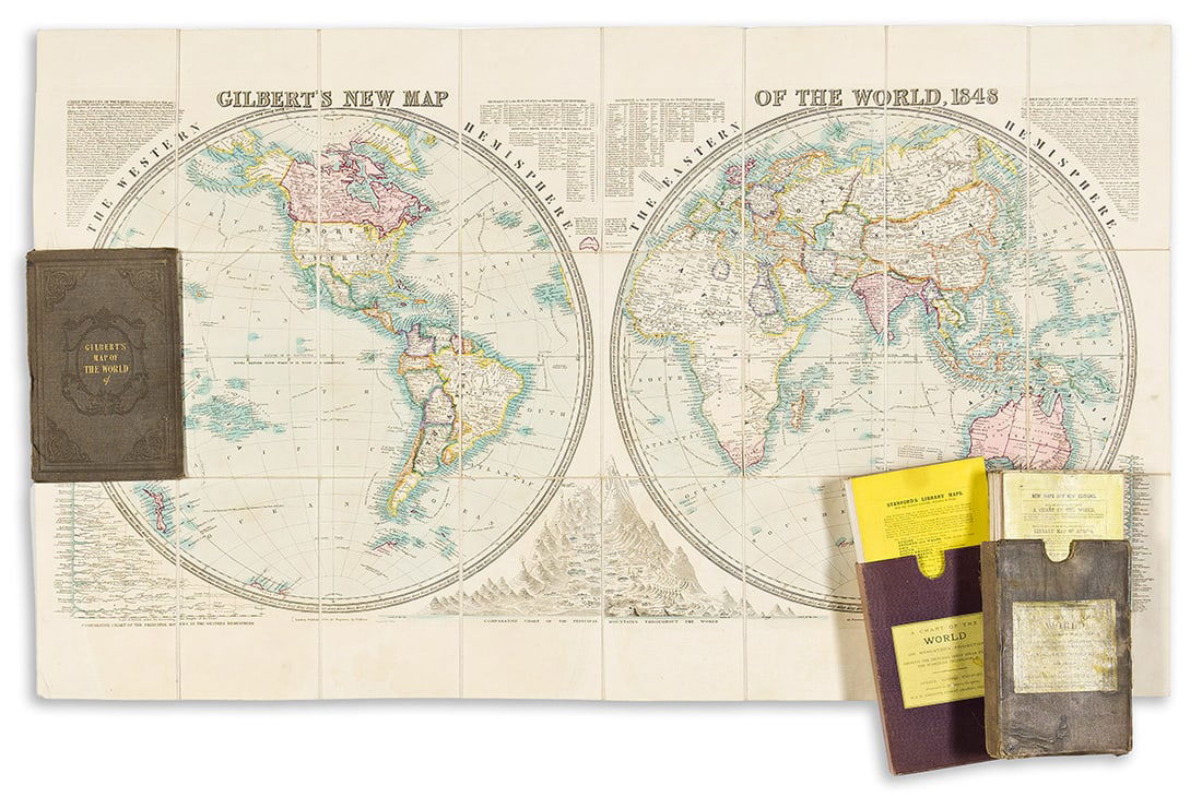 (WORLD.) Group of 3 nineteenth-century case maps.: (WORLD.) Group of 3 nineteenth-century case maps. London, vd - C. Malby, engraver; for James Gilbert. Gilbert's Map of the World, 1848. Engraved double-hemispheric map of the world with statistical in
