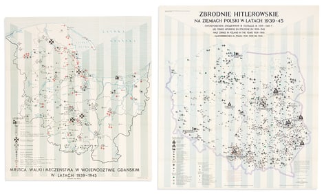 (WORLD WAR II -- HOLOCAUST.) Group of 3 sobering maps particularizing the hideous expanse of