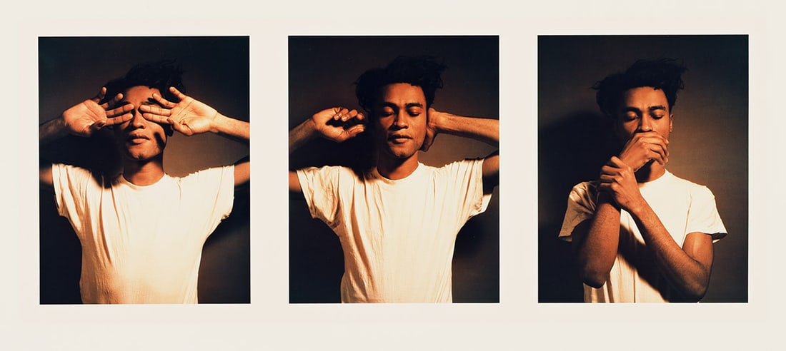 CARRIE MAE WEEMS (1953 - ) Untitled (See No Evil, Hear No Evil, Speak No Evil).: CARRIE MAE WEEMS (1953 - ) Untitled (See No Evil, Hear No Evil, Speak No Evil). Three chromogenic prints on Kodak Professional photo paper, 1995. 175x465 mm; 6⅞x18 inches overall. 508x610 mm; 20