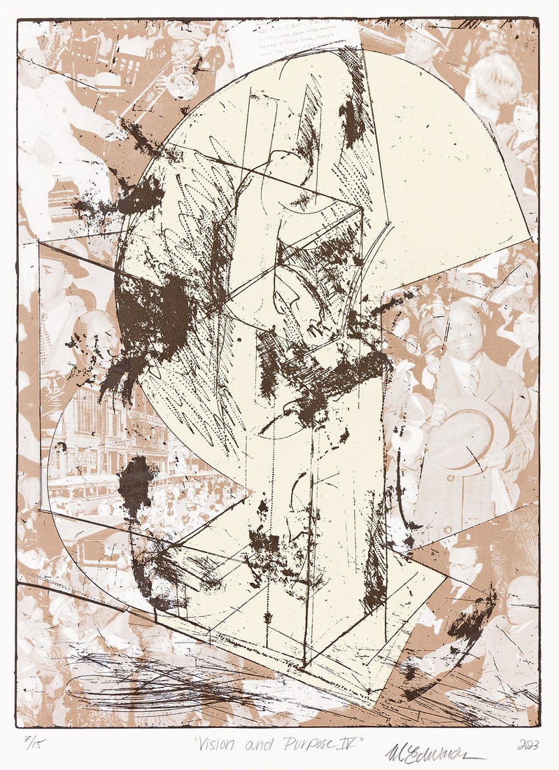 MELVIN EDWARDS (1937 - ) Vision and Purpose IV.: MELVIN EDWARDS (1937 - ) Vision and Purpose IV. Color screenprint and digital print, 2023. 613x453 mm; 24⅛x17⅞ inches, full margins. Signed, titled, dated and numbered 7/15 in pencil, lowe
