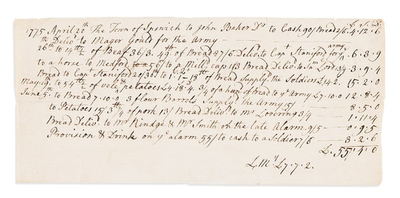 (AMERICAN REVOLUTION--1775.) Receipt for provisions issued to Ipswich troops for the Lexington