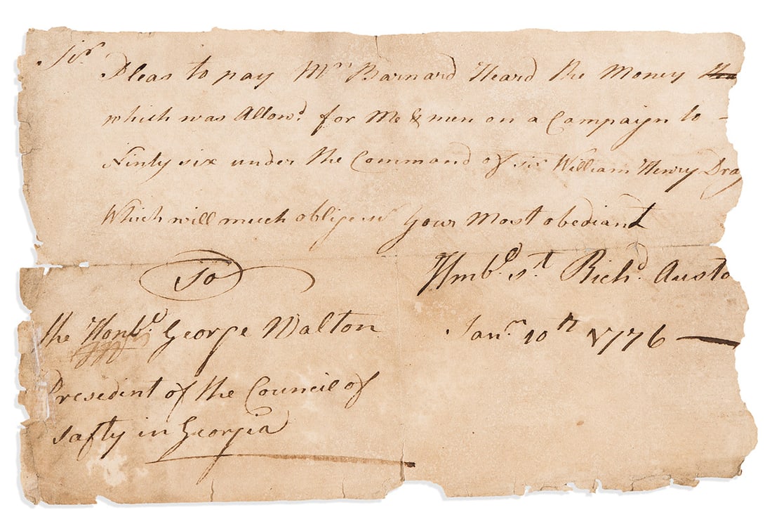 (AMERICAN REVOLUTION--1776.) Invoice for Patriot troops serving in the first months of war in South: (AMERICAN REVOLUTION--1776.) Invoice for Patriot troops serving in the first months of war in South Carolina. Autograph Document Signed from Captain Richard Austin to George Walton as president of the