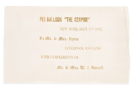 (AVIATION.) Silk message carried aboard "The Graphic" on its doomed trans-Atlantic balloon flight