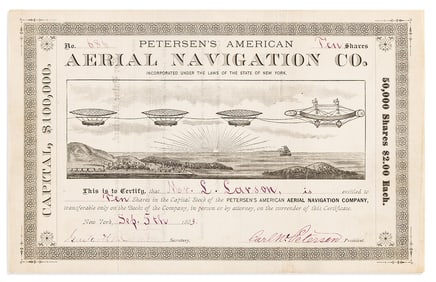 (AVIATION.) Stock certificate for Petersen’s American Aerial Navigation Company.