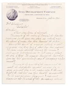 (CALIFORNIA.) Noah Wrinkle. Letter describing the dropping water level at Owens Lake long before it