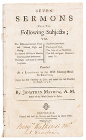 (EARLY AMERICAN IMPRINT.) Jonathan Mayhew. Seven Sermons . . . Preached at a Lecture in the West