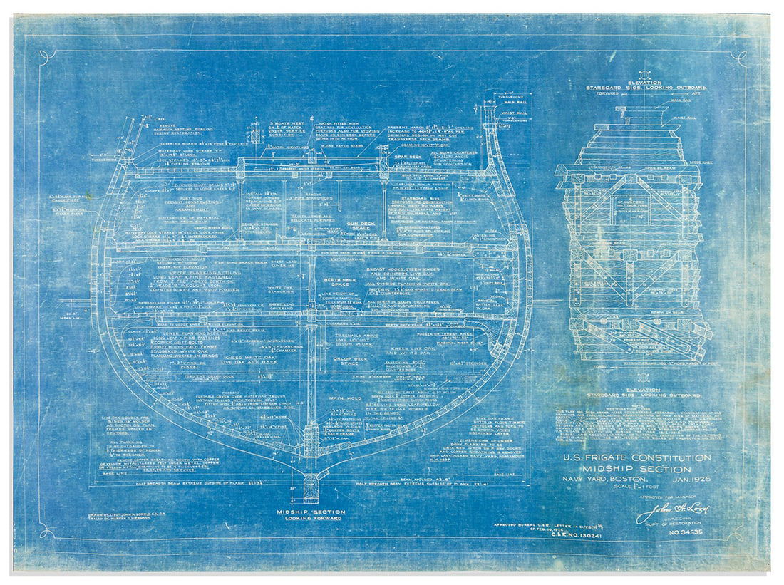 (NAVY.) Designs for the 1926 restoration of the USS Constitution.: (NAVY.) Designs for the 1926 restoration of the USS Constitution. 6 blueprints, about 27 inches high and between 39 and 104 inches wide; minimal to minor wear. Boston, 1926-1927 Plans for the historic