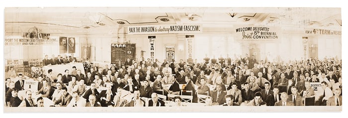 (RADICALISM.) Fur & Leather Workers Union photo with banner reading "Back the Invasion to Destroy