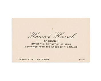 (TITANIC.) Business card of Titanic survivor Hamad Hassab with related papers.
