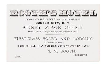 (WEST--DAKOTA TERRITORY.) Card for a Custer City hotel and ticket office for the “Sidney Short