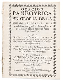 (MEXICAN IMPRINT--PUEBLA.) Francisco de Torres. Oracion panegyrica en gloria de la sagrada virgen