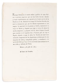 (MEXICO.) Broadside announcing the resignation of Viceroy Apodaca, Count of Venadito.