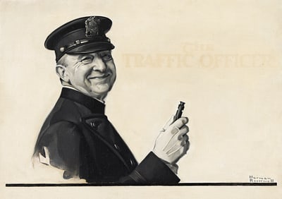 NORMAN ROCKWELL (1894 - 1978) "I see 'em bumped every day." / The Traffic Officer.