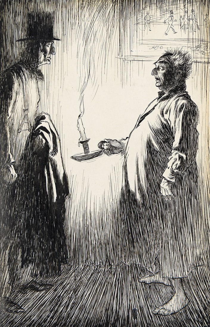 ARTHUR RACKHAM (1867 - 1939) Candlelight.: ARTHUR RACKHAM (1867 - 1939) Candlelight. Pen and ink with gouache highlights on Bristol board, circa 1900. 286x178 mm; 11¼x7 inches. The original label from the The Fine Arts Society Gallery i