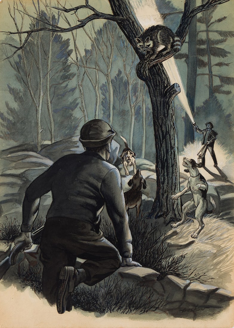 ISRAEL DOSKOW (1881 - 1969) Raccoon trapped by hunters and dog.: ISRAEL DOSKOW (1881 - 1969) Raccoon trapped by hunters and dog. Ink and gouache on paper. 368x267 mm; 14½x10½ inches. Signed "Doskow" in lower right image. Provenance Private collection,